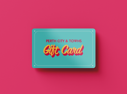 Graphic with a gift card that reads, Perth City & Towns Gift Card.