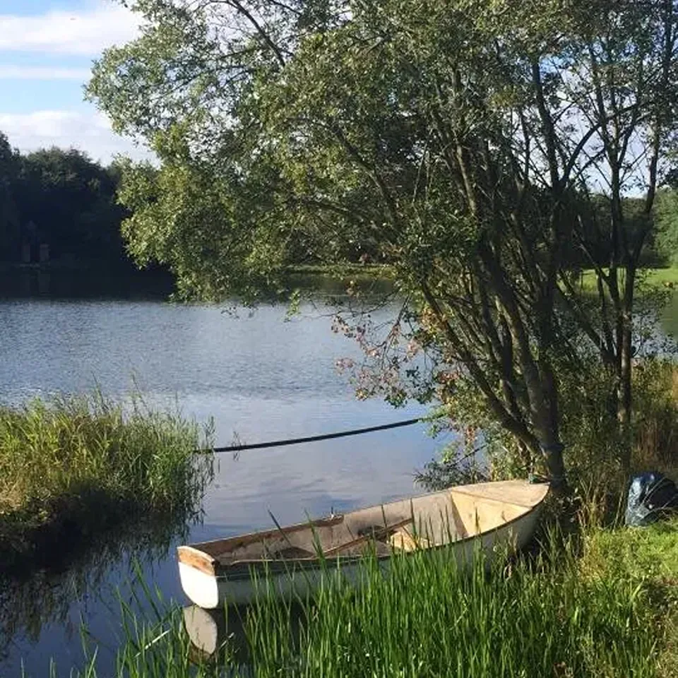 White wooden boat moored at loch edge, beside  green trees, more trees on other side of water.