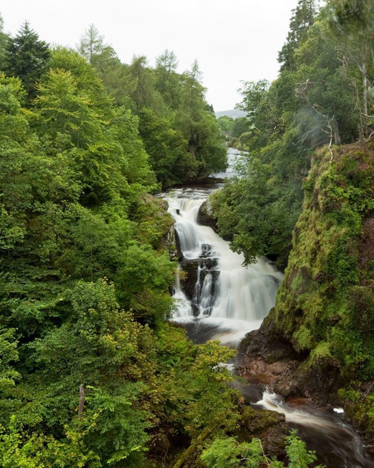 A waterfall set amongst lush green trees in Scotland