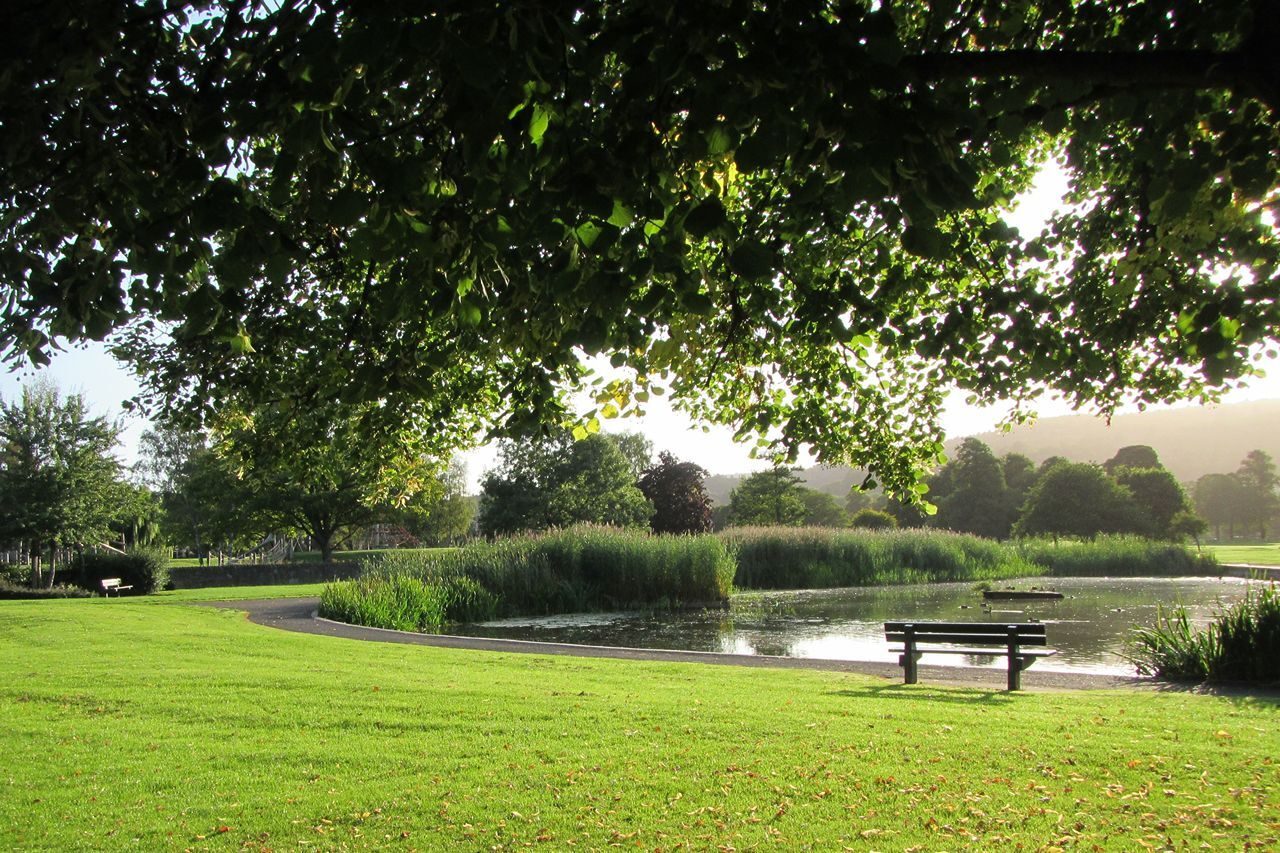Green space with bench overlooking a large pond South Inch Perth