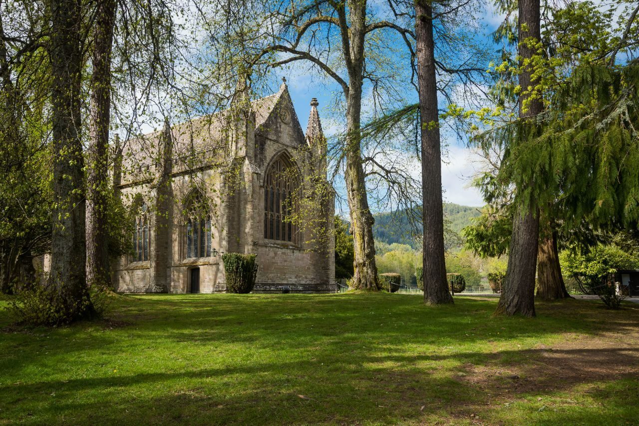 Shows an old cathedral building in the corner of the image with trees surrounding it.
