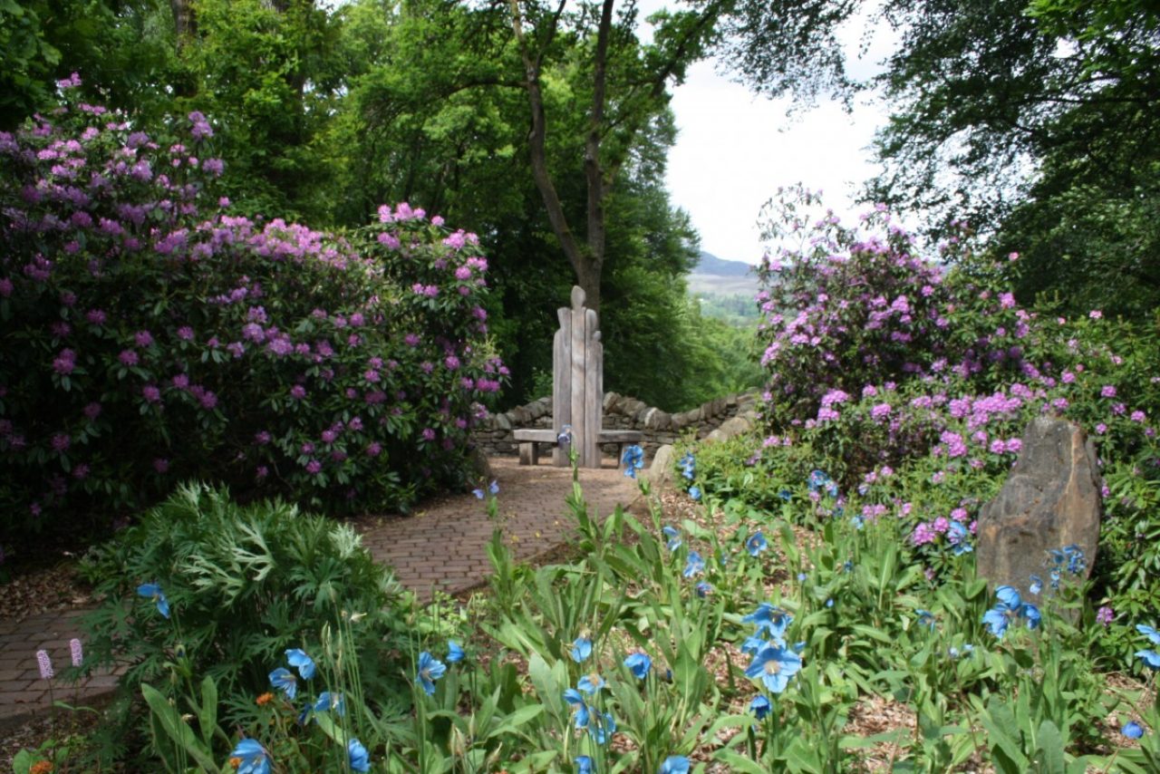 A lush garden full of bushes and flowers with a small sculpture in the middle