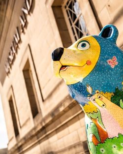 A colourful bear with different woodland animals enjoying a meadow