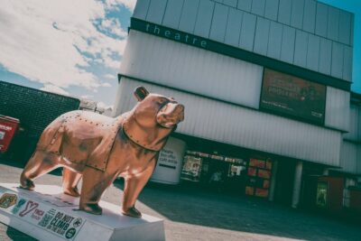 A bear sculpture which is painted to look like it's made of tin sitting outside of the Perth Theatre.