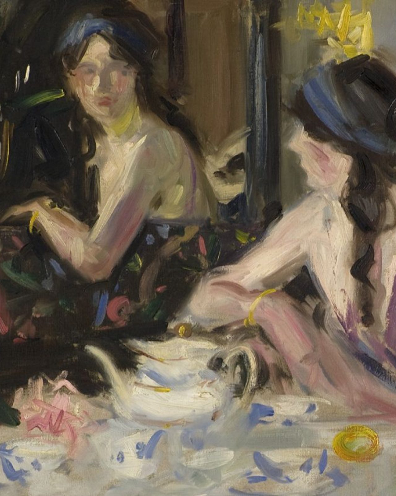 Painting of a women reflected in an ornate black framed mirror, sitting at a table with a teapot and cups.