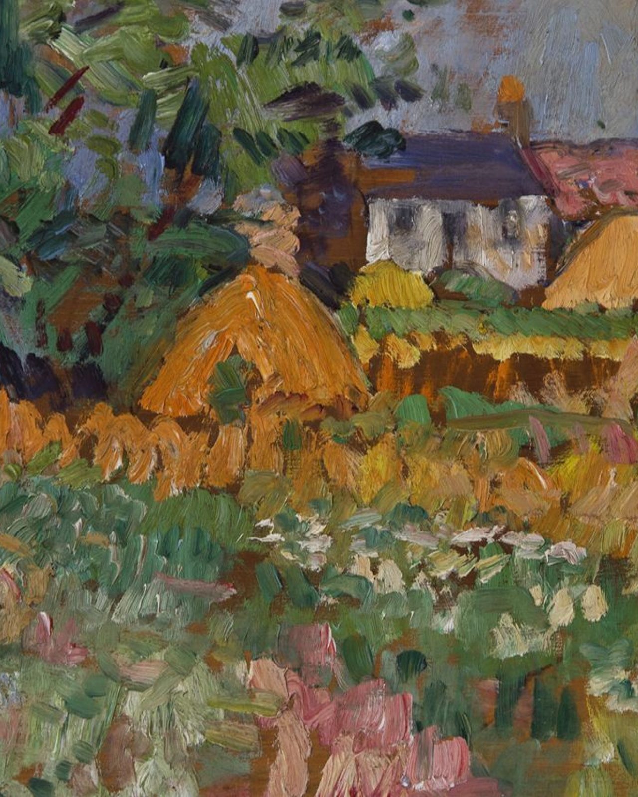 Brightly coloured painting of flowers and green trees and old houses in background.