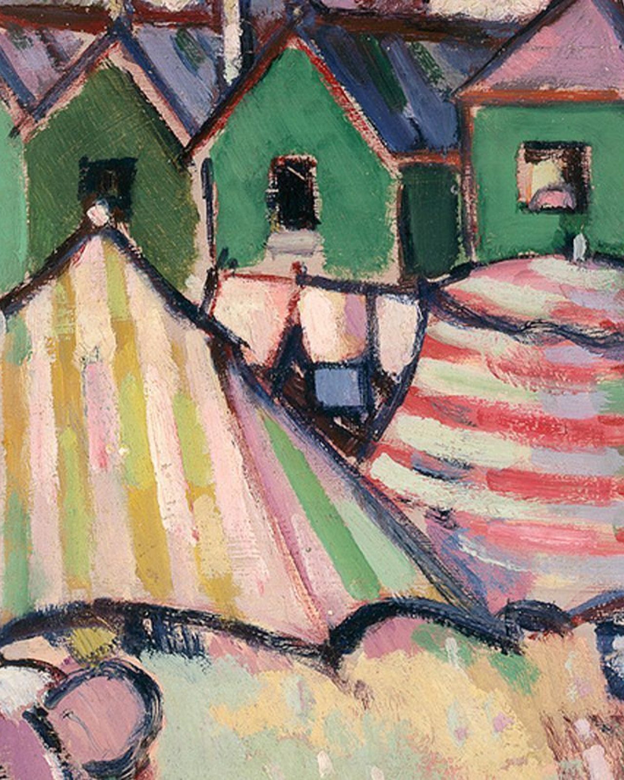 Brightly coloured painting of green beach huts and beach umbrellas, with a yellow, sandy coloured foreground.