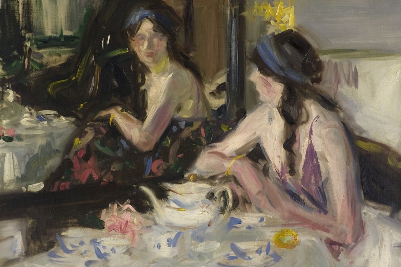 Painting of a women reflected in an ornate black framed mirror, sitting at a table with a teapot and cups.