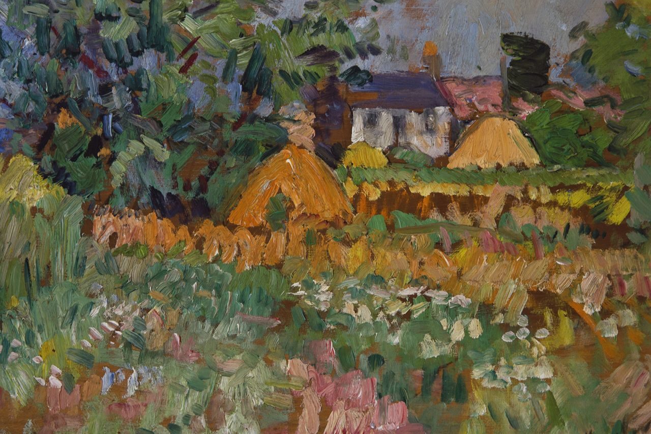 Brightly coloured painting of flowers and green trees and old houses in background.