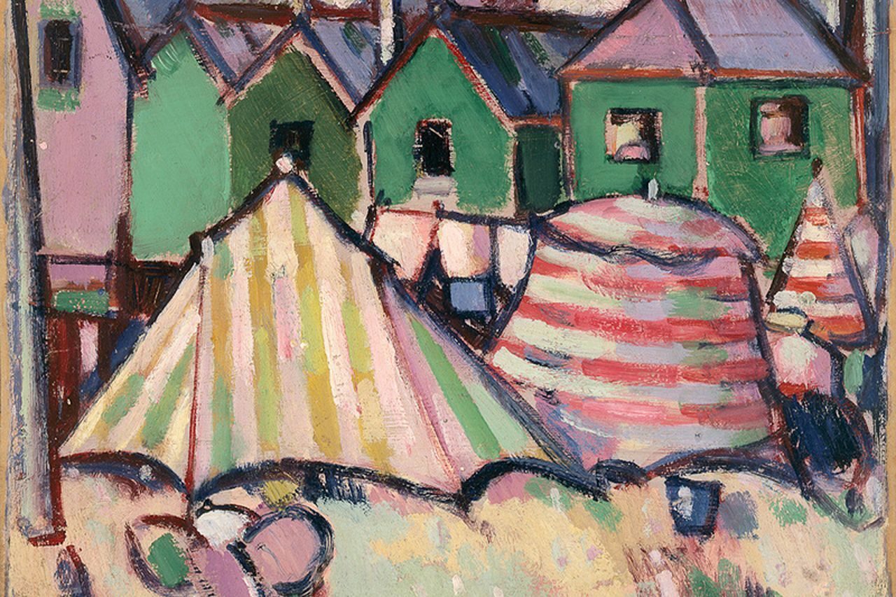 Brightly coloured painting of green beach huts and beach umbrellas, with a yellow, sandy coloured foreground.