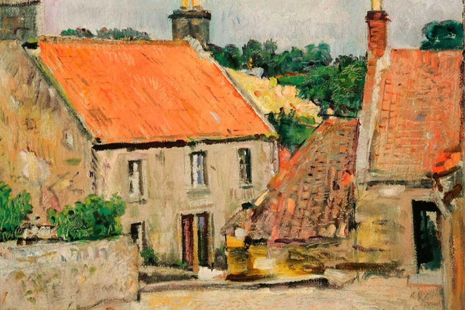 Painting of old cottages  with orange roofs with green trees in the background.