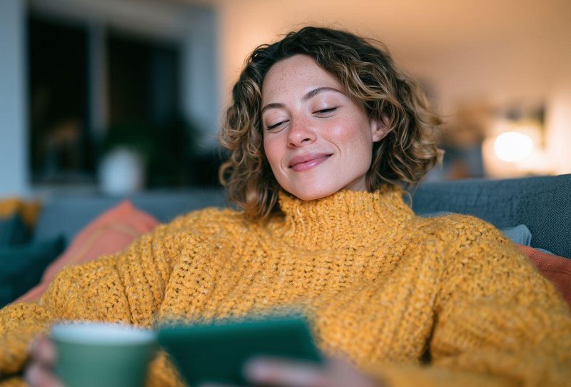 A young woman in a yellow jumper reading an e-book with a cup of tea in a green mug