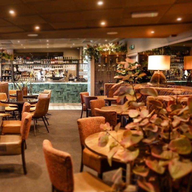 Large restaurant with brown leather booths, tables and chairs with bar at back, decorated with plants and mood lighting.