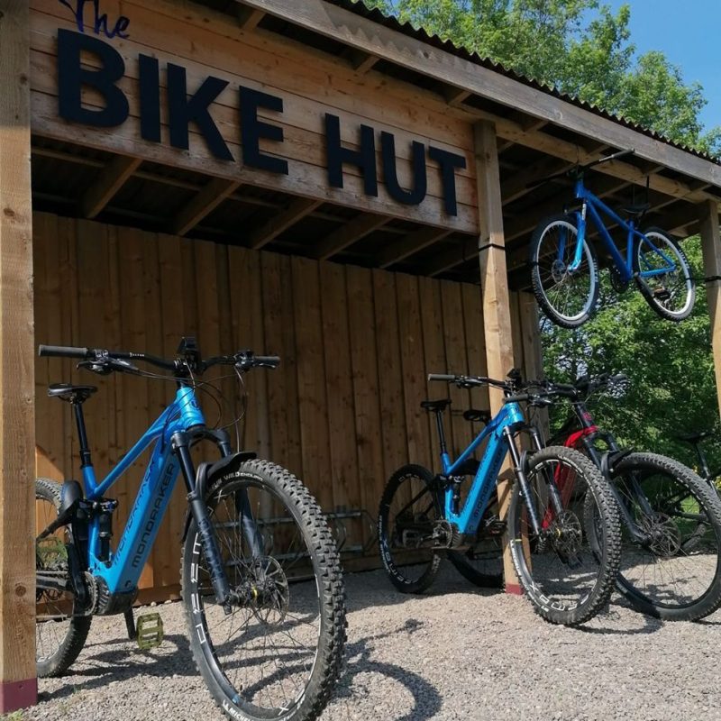 Wooden Shed with The Bike Hut in black letters , 2 blue mountain bikes and two red ones, with a blue sky and green trees behind the bike shed.