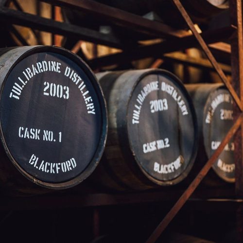 Three Barrels with the words Tullibardine Distillery 2003 Blackford Case no 1,no 2 and 3 stamped on them.
