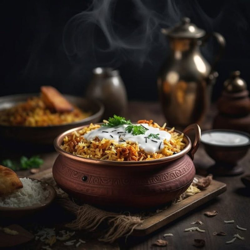 Traditional Indian metal bowl filled with pilau rice and topped with white sauce, parsley with other meal in blurred background