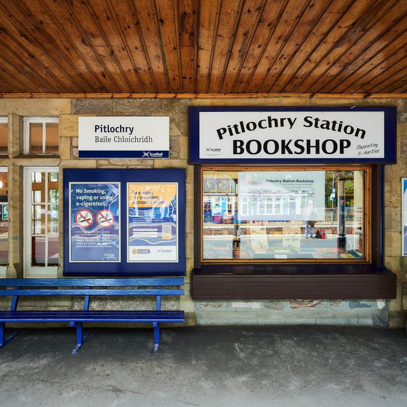 Pitlochry train station with the window for the bookshop inside it.