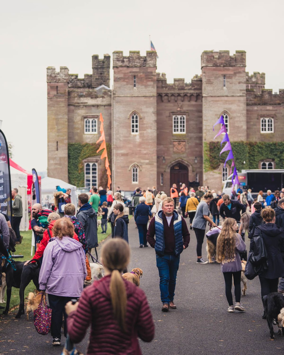 A crowd of people and dogs shopping at different stalls in front of the palace.