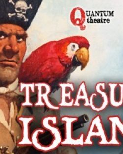 Poster for the Treasure Island Performance with a pirate and a red parrot.