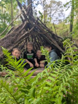 A group of boys sitting under a shelter made from large sticks and branches.