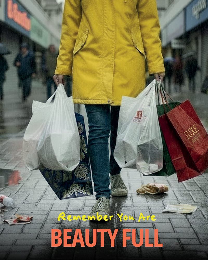 A poster of a lady walking down a wet street wearing a bright yellow raincoat carrying different shopping bags