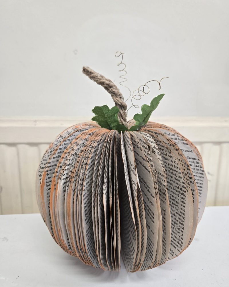 A handmade pumpkin made from a book, complete with a stock and a leaf.