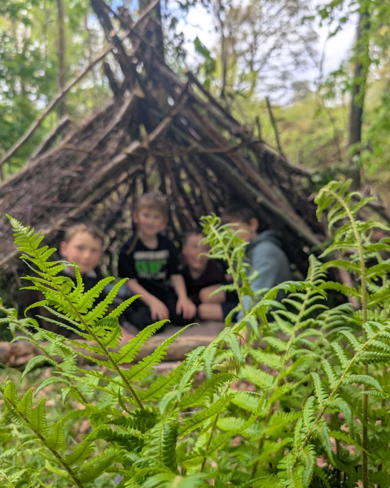 A group of boys sitting under a shelter made from large sticks and branches.
