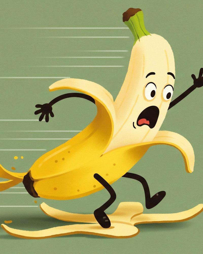 Cartoon banana slips runs for safety