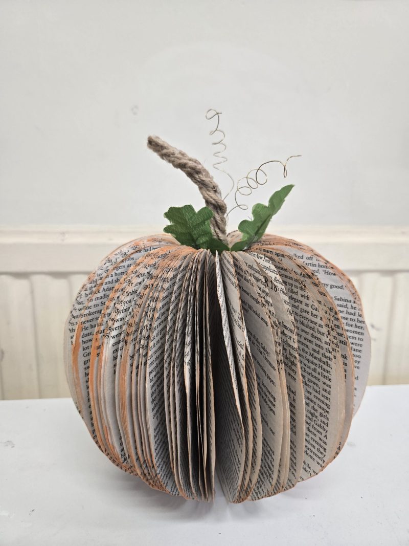 A handmade pumpkin made from a book, complete with a stock and a leaf.