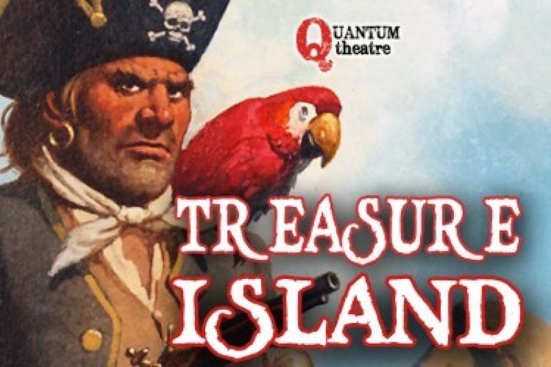 Poster for the Treasure Island Performance with a pirate and a red parrot.
