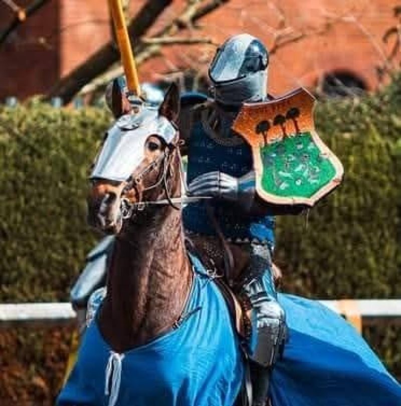 A man wearing full armor on an armoured horse.