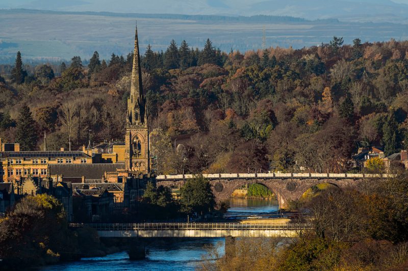 Two bridges stretch over the River Tay into Perth city centre