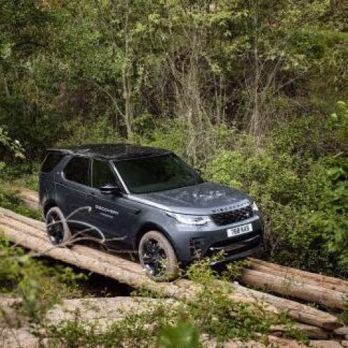 A land rover drives over a log bridge through a dense forest