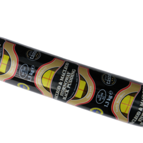 A packaged log of black pudding with a black label with a repeating logo covering the packaging