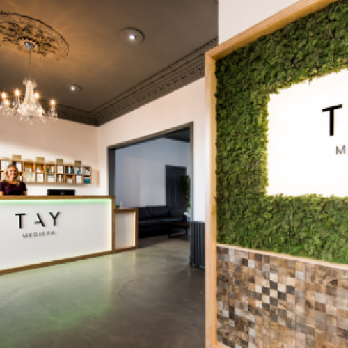 A sign decorated reading Tay medispa is decorated with fake leaves and sits in front of a white lit up reception desk