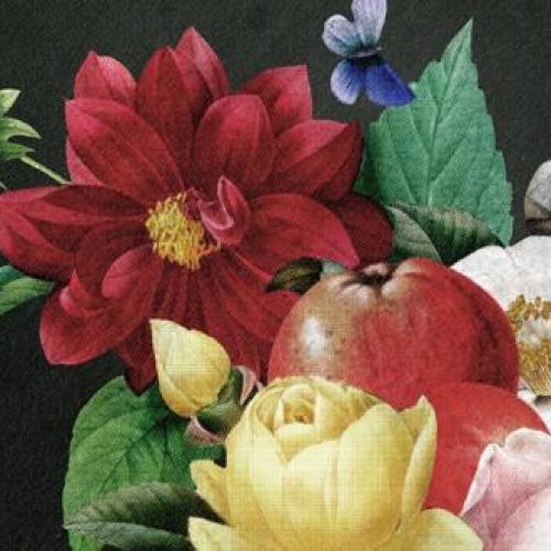 A painting of a bouquet of colourful flowers, green leaves, and small insects on a black background