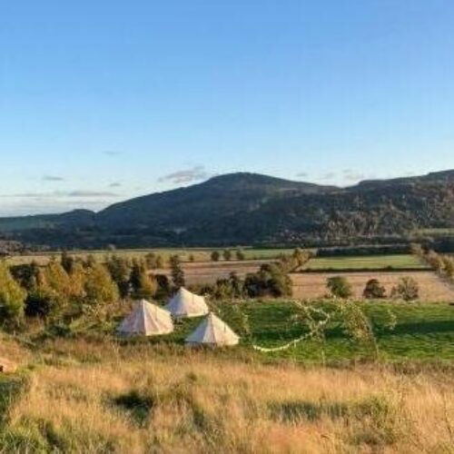 A large open countryside with three small white tents overlooking a mountain in the distance