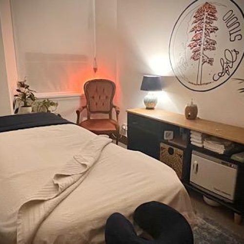 A dimly lit white room with a large bed draped in a white blanket next to a small counter top and a painting of a pink tree