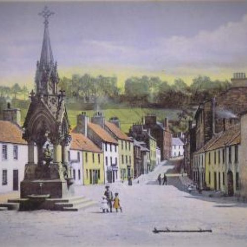 A painting of a long street lined with colourful houses either side, with three people standing next to large stone memorial