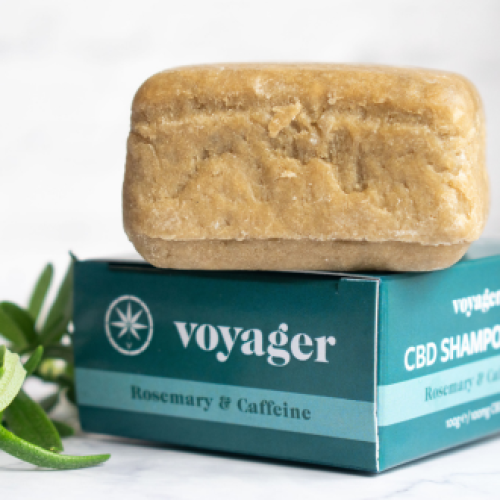 A small brown bar of soap sits on top of a blue box next to a stem of green leaves in front of a white background
