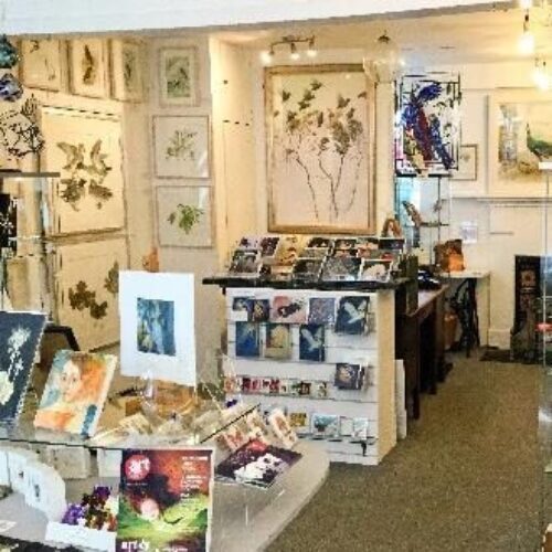 A shop decorated with hanging framed pictures has shelves and stands of small pieces of printed artwork