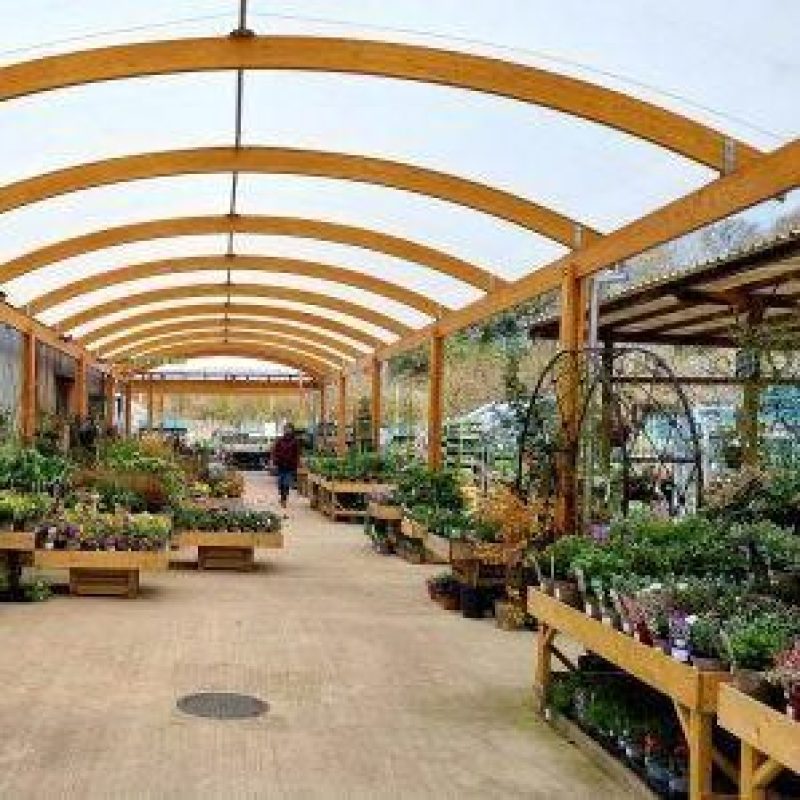 An outdoor garden centre with wood beams arching over stands displaying potted plants and colourful flowers