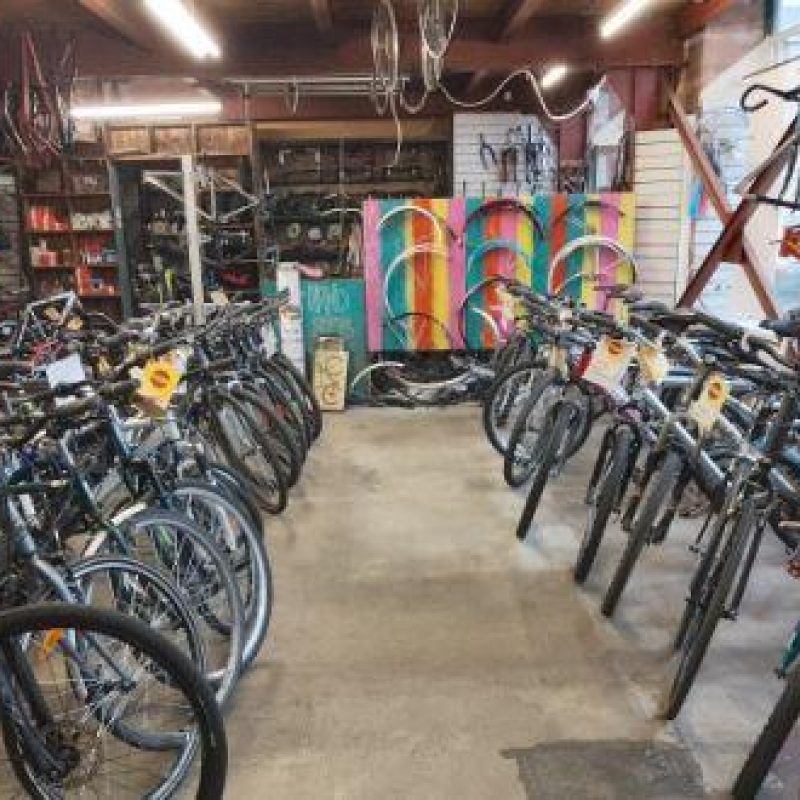A large room full of bikes in a variety of sizes and colours, some arranged in lines and some hanging from a ceiling