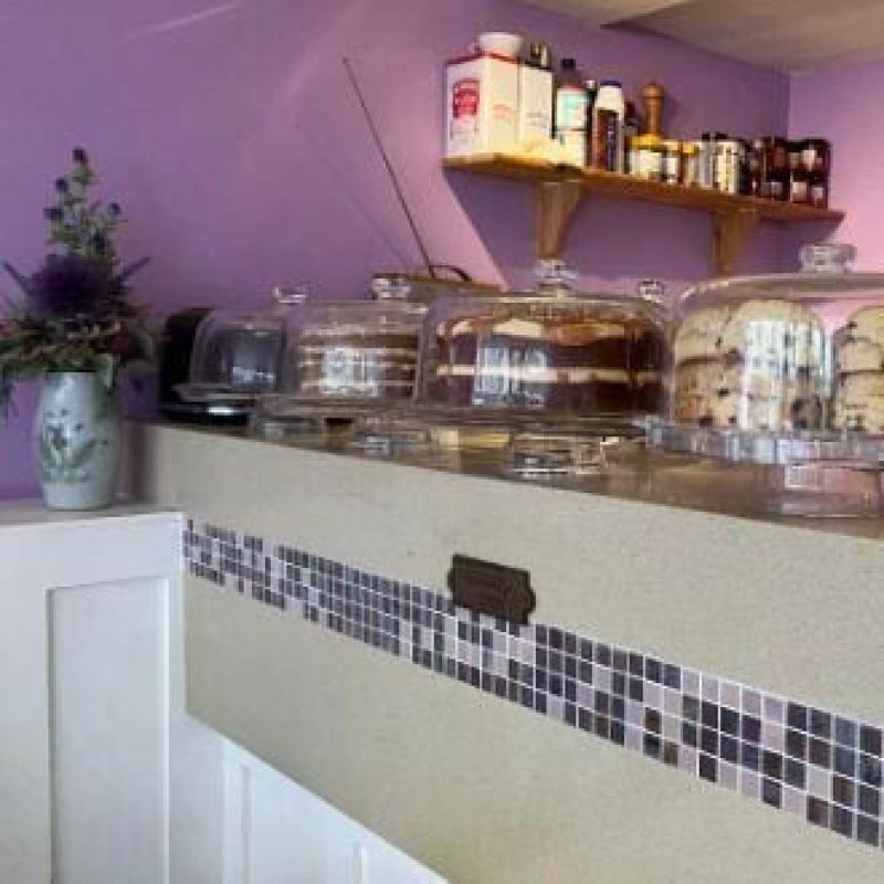 A selection of different flavours of cakes on cake stands sit on a white counter top with pink and black tiles in a pink bakery