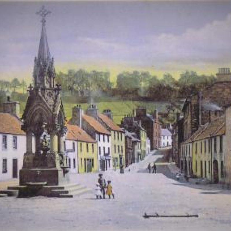 A painting of a long street lined with colourful houses either side, with three people standing next to large stone memorial