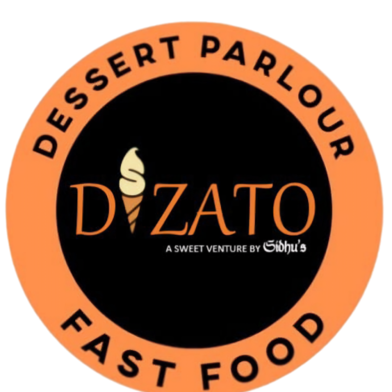 An ice-cream is incorporated into orange text reading Dizato which sits in a black circle surrounded by an orange circle