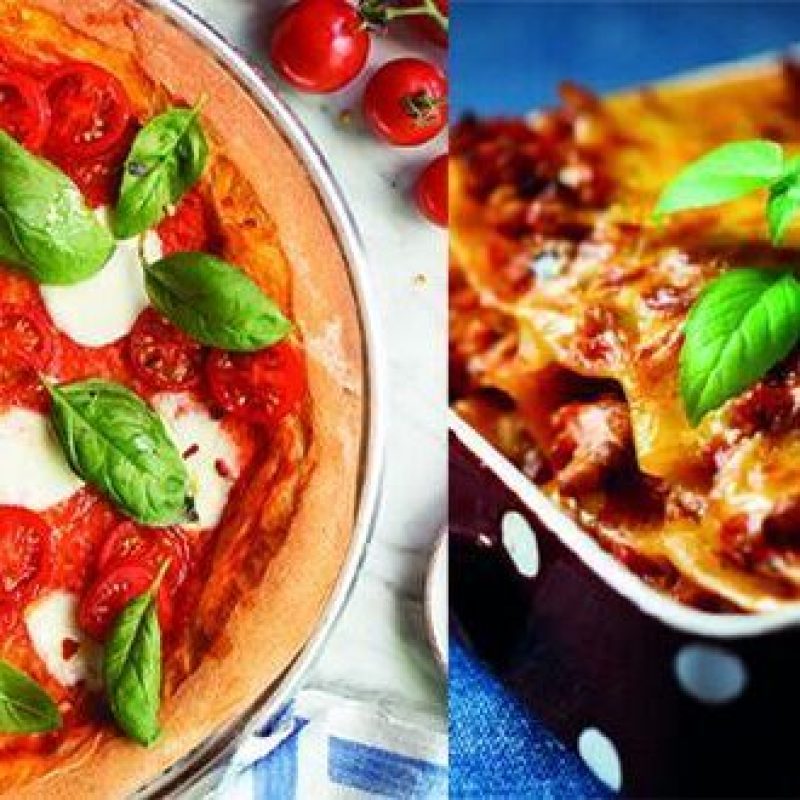 Two side by side images of a Margherita pizza and a tray of lasagne, both garnished with basil